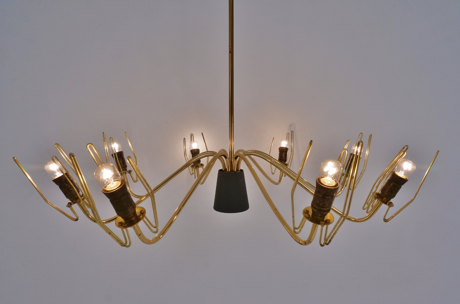 Stilnovo brass chandelier with opaline glass, 1950`s Italian